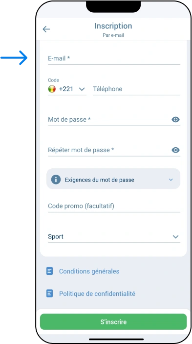 Inscription par e-mail - 1xBet Afrique